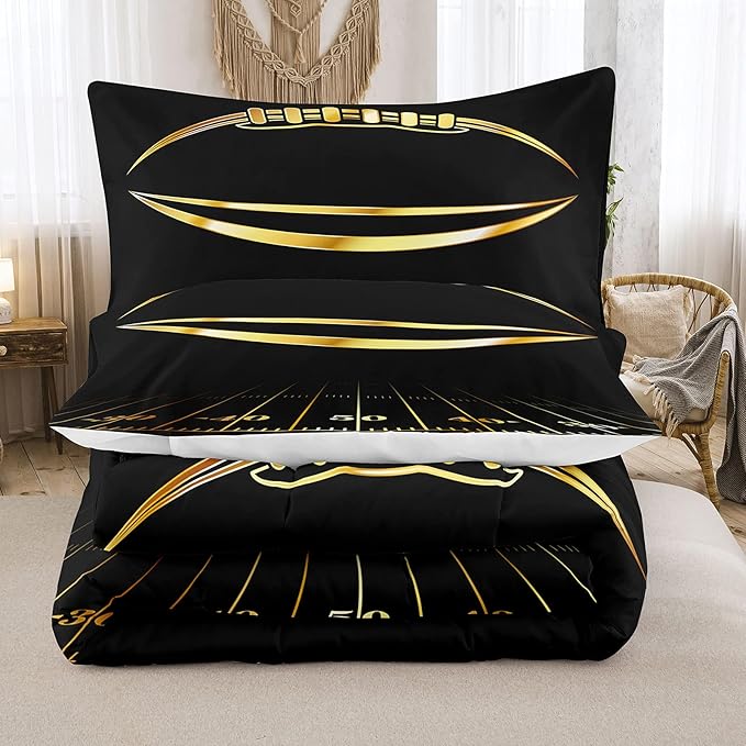 Bodhi Black and Gold Football Comforter Set King for Boys Kids Sport Comforter Football Bedding Set American Football Comforter with Pillowcase,Soft Football Quilt,King Size