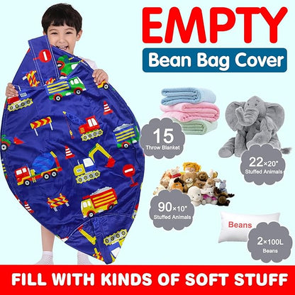 Lukeight Stuffed Animal Storage Bean Bag Chair Cover for Kids, Zipper Beanbag Chair Cover for Organizing Toddler & Kids' Rooms Plush Toys (Excavator Velvet, X-Large)