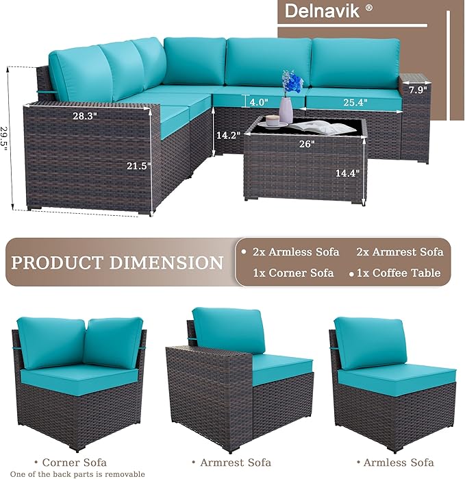 Patio Furniture Set Sofa 6-Piece Wicker PE Rattan Sectional Sofa Set, Outdoor Furniture Patio Conversation Sofa Set with Glass Coffee Table, Blue