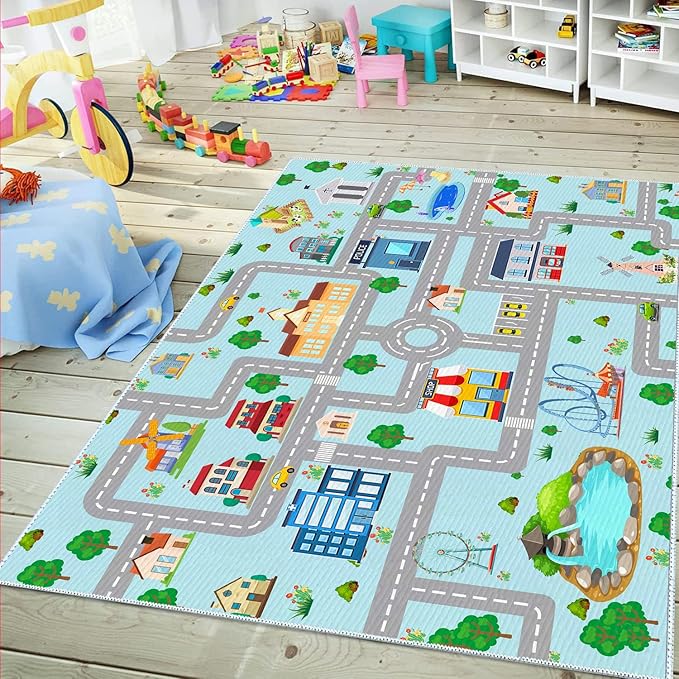 Kids Car Rug, 3' 3" x 5' 3" City Life Traffic Road Playmat for Toy Cars Trains, Non-Slip Race Track Carpet Educational Fun Area Rugs for Boy and Girl Bedroom Nursery