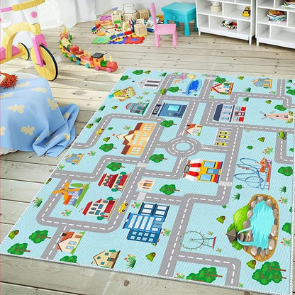 Kids Car Rug, 3' 3" x 5' 3" City Life Traffic Road Playmat for Toy Cars Trains, Non-Slip Race Track Carpet Educational Fun Area Rugs for Boy and Girl Bedroom Nursery