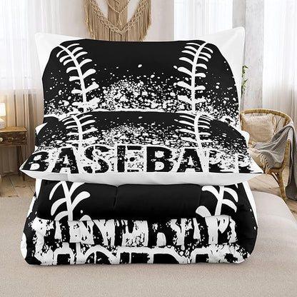 Bodhi Kids Comforter Twin,Boys Baseball Comforter Set,Teen Boy Bedding Set for Kids,Black and White Comforter Bedding Set with Pillowcases,Sports Baseball Bedding Set