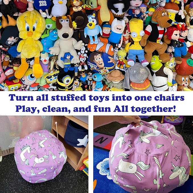 Stuffed Animal Storage Bean Bag Chairs Toy Storage Organizer Bean Bags Chair Covers Only for Kids 24" Beanbag with Zipper for Organizing Kid's and Adults Room, Pink White Unicorn