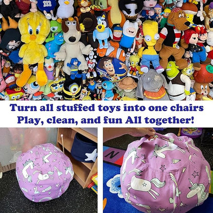 Stuffed Animal Storage Bean Bag Chairs Toy Storage Organizer Bean Bags Chair Covers Only for Kids 24" Beanbag with Zipper for Organizing Kid's and Adults Room, Pink White Unicorn