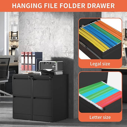 2 Drawer File Cabinet,Black Metal Filing Cabinets for Home Office,Vertical File Cabinet with Lock for A4/Letter/Legal Size Files,Assembly Required
