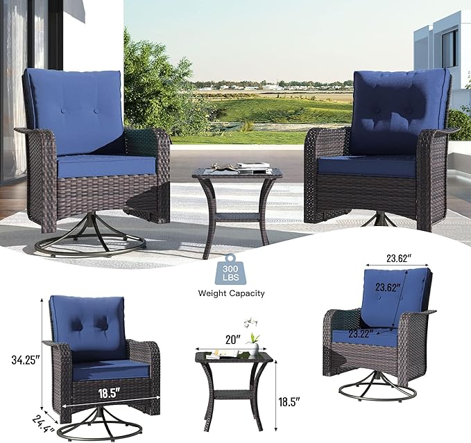 Kullavik 13PCS Outdoor Patio Furniture Set,PE Wicker Rattan Sectional Sofa Patio Conversation Sets with 43" 55000BTU Gas Propane Fire Pit Table,Swivel Rocking Chairs Set,Navy Blue