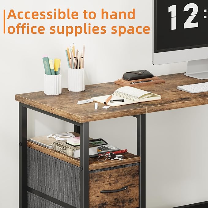 47'' Office Desk with 4 Fabric File Drawers - File Drawer Organization, Computer Work Desk, Study Writing Table, Home Office Workstation, Rustic Brown