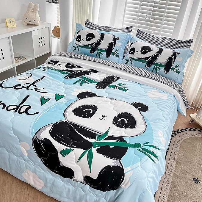 Wajade Kids Panda Comforter Set Bed in A Bag Twin Size 7 Piece Blue 3D Cute Panda Bamboo Clouds Bedding Set for Girls Boys (1 Comforter, 1 Flat Sheet, 1 Fitted Sheet, 2 Pillowcase and 2 Pillow Sham)