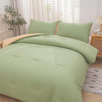 NINENINE Sage Green Comforter Set Queen,Light Green Bedding Set,Comforter Set for Women Men, Solid Color Camel Green Comforter Sets with 1 Comforter 2Pillowcases