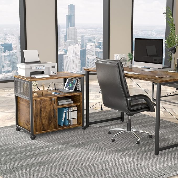 Unikito Lateral File Cabinet, Locking Office Filing Cabinets with Socket and USB Charging Port, Modern Rolling Printer Stand with Storage for A4, Letter Size and File Folders, Rustic Brown