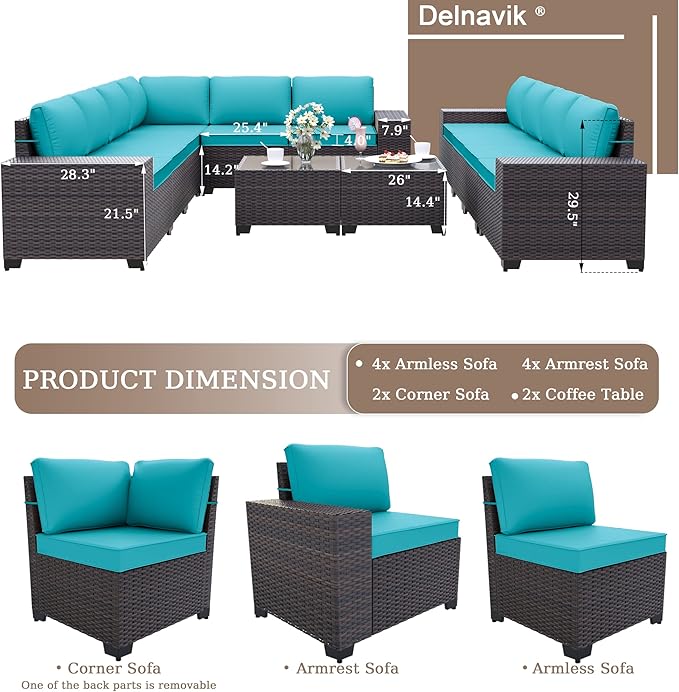 Patio Furniture Set Sofa 12-Pieces Wicker Sectional Sofa Set, Outdoor Furniture Rattan Patio Conversation Set with Thickened Cushions and Glass Coffee Table, Blue