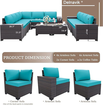 Patio Furniture Set Sofa 12-Pieces Wicker Sectional Sofa Set, Outdoor Furniture Rattan Patio Conversation Set with Thickened Cushions and Glass Coffee Table, Blue
