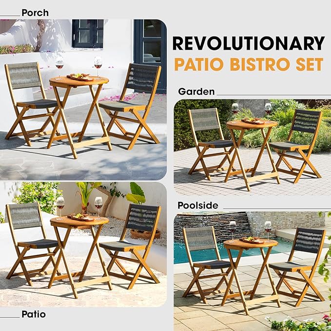 Solid Sauvage Bistro Set with Round Table (Black), Onesize, Wood Rope Design - Gray