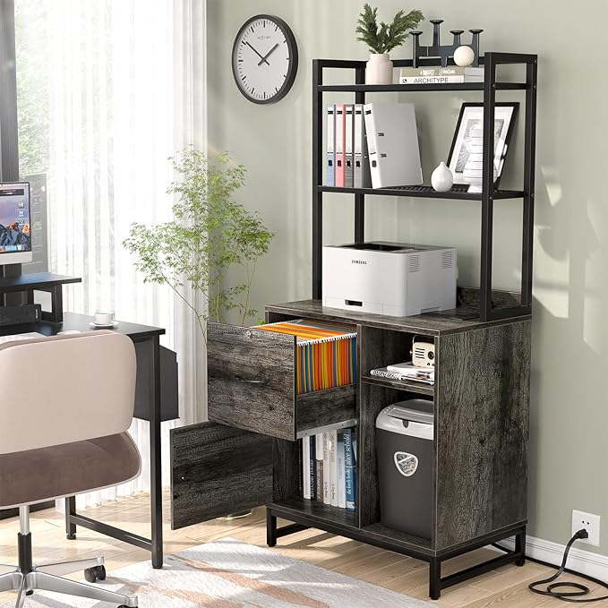 Homieasy Vertical Filing Cabinet with Lock & Charging Station, Large Drawer Wood File Cabinet with Bookshelf, Printer Stand with Open Storage Shelf, fits Letter Size for Home Office, Grey Oak