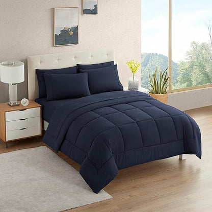 Sweet Home Collection Bedding Set, 5 Piece Twin XL Comforter Set with Navy Blue Microfiber Bed in a Bag for College Students