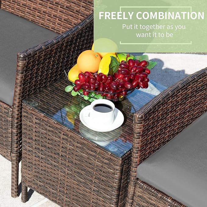 Greesum 3 Pieces Patio Furniture Sets Outdoor PE Rattan Wicker Chairs with Soft Cushion and Glass Coffee Table for Garden Backyard Porch Poolside, Brown and Gray
