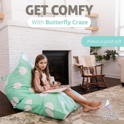 Butterfly Craze Bean Bag Chair Cover, Functional Toddler Toy Organizer, Fill with Stuffed Animals to Create a Jumbo, Comfy Floor Lounger for Boys or Girls, Stuffing Not Included, Aqua Polka Dots