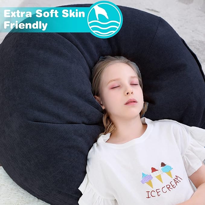 Bean Bag Chair Cover (No Filler) Stuffed Animal Storage for Kids .Soft Premium Corduroy Stuffable Beanbag for Organizing Children Plush Toys or Memory Foam Small 100L (Black)