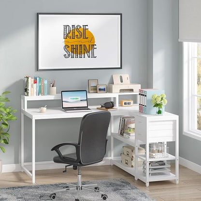 Reversible L-Shaped Computer Desk with hutch & Shelf,white
