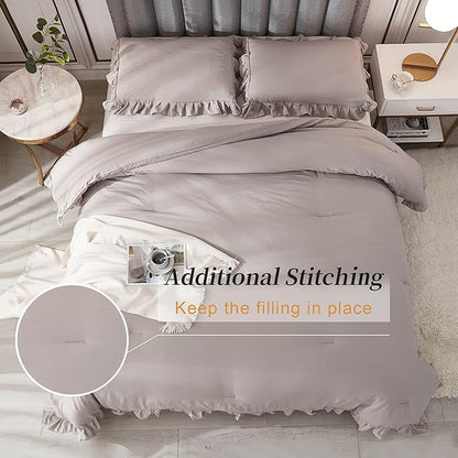 Andency California King Comforter Set Wheat (104x96Inch), 3 Pieces Cal King Ruffle Comforter, Oversized Farmhouse Shabby Chic Bed Comforter, Lighteweight and Soft Microfiber Bedding Set