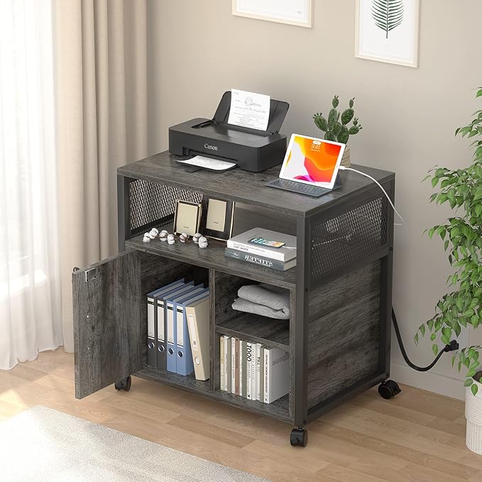 Unikito Rolling File Cabinet Lateral Office Filing Cabinets with Socket and USB Charging Port, Modern Printer Stand on Wheels Printer Cabinet with Door and Open Storage, Lockable, Black Oak