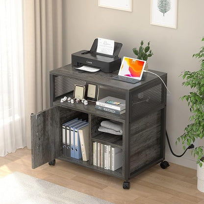 Unikito Rolling File Cabinet Lateral Office Filing Cabinets with Socket and USB Charging Port, Modern Printer Stand on Wheels Printer Cabinet with Door and Open Storage, Lockable, Black Oak