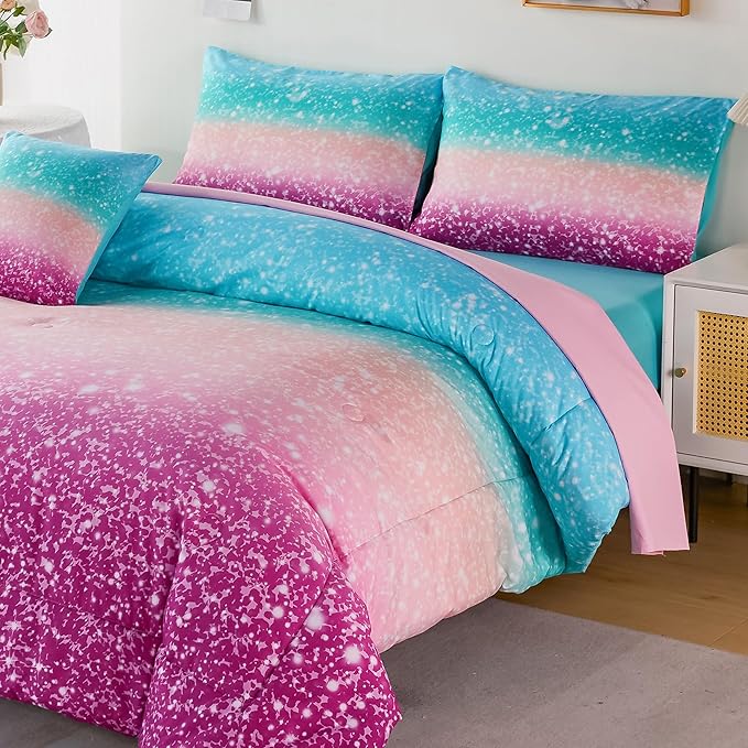 URBONUR Girls Comforter Set Full Size Gradient Glitter Purple Orange Teal Sparkle Bedding Comforter with Sheets Set 6 Piece Bed-in-a-bag Light Weight All Season Easy Care Bed Set