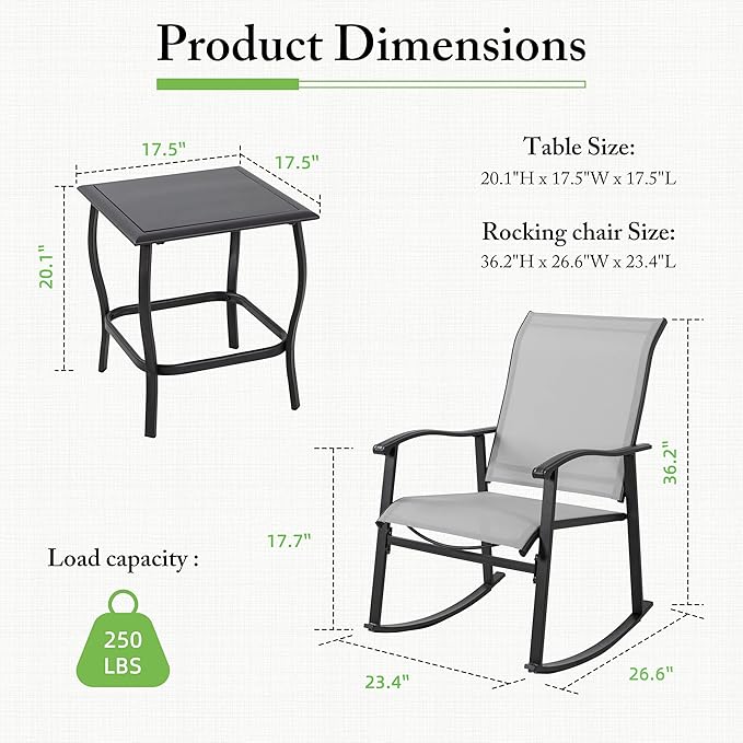 Shintenchi 3 Piece Rocking Bistro Set, Outdoor Furniture with Rocker Chairs and Glass coffee table set of 3, Balcony, Porch Furniture for Small Space, Light Gray