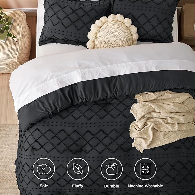 Bedsure King Size Comforter Set - Black Comforter, Boho Tufted Shabby Chic Bedding Comforter Set, 3 Pieces Farmhouse Bed Set for All Seasons, Fluffy Soft Bedding Set with 2 Pillow Shams