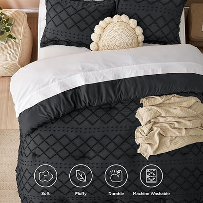 Bedsure King Size Comforter Set - Black Comforter, Boho Tufted Shabby Chic Bedding Comforter Set, 3 Pieces Farmhouse Bed Set for All Seasons, Fluffy Soft Bedding Set with 2 Pillow Shams