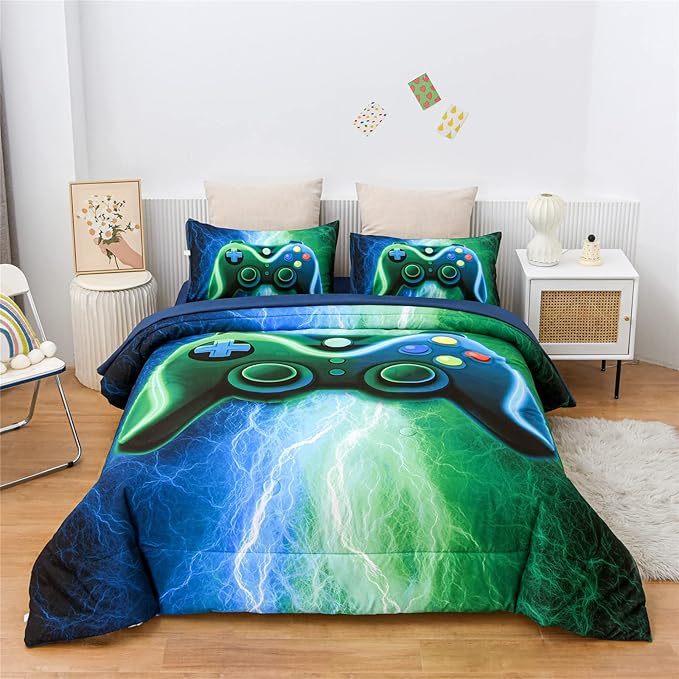 Meeting Story Gamer Gaming Bedding Sets Red Blue Lightnings Gamepad Comforter Set for Boys Games Console Action Buttons Novelty Colorful Modern Room Decor Home Quilt Set (Blue-Grenn, Queen 5Pcs)