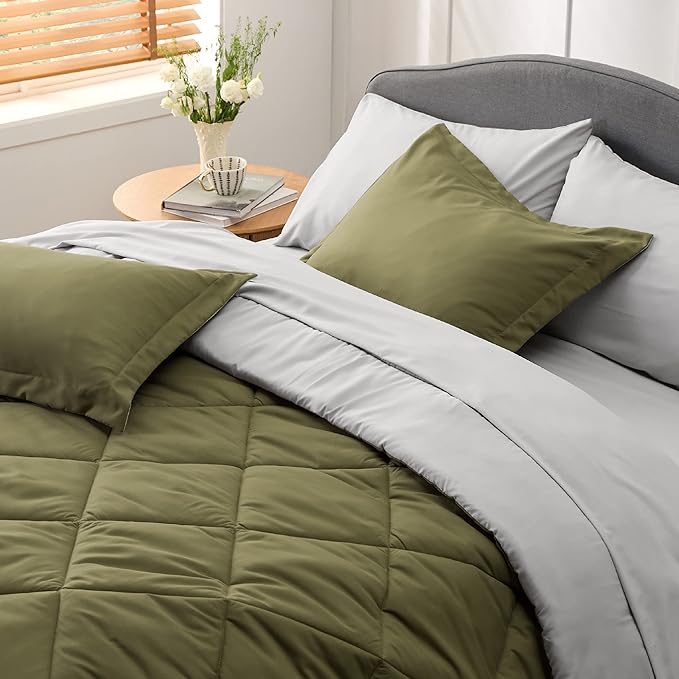Bedsure Olive Green King Size Comforter Set - 7 Pieces Reversible King Bed in a Bag King Bed Set with Comforters, Sheets, Pillowcases & Shams, King Bedding Sets