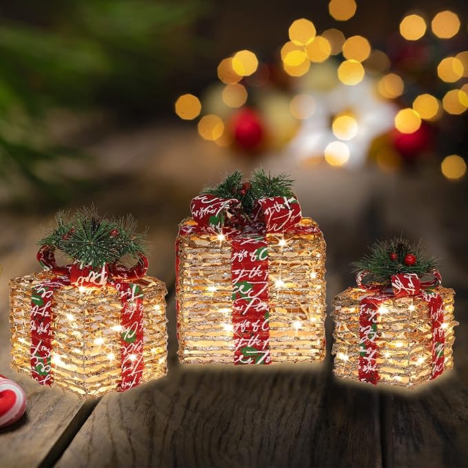 [Large 10"x8.5"x7" Christmas Set of 3 Lighted Rattan Gift Boxes Decorations Pre-lit 70 Super-Bright LED with Flashers,for Indoor Outdoor Pathway Holiday Party Home(Warm White)