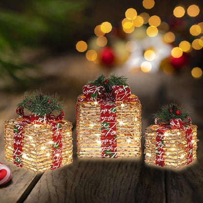[Large 10"x8.5"x7" Christmas Set of 3 Lighted Rattan Gift Boxes Decorations Pre-lit 70 Super-Bright LED with Flashers,for Indoor Outdoor Pathway Holiday Party Home(Warm White)