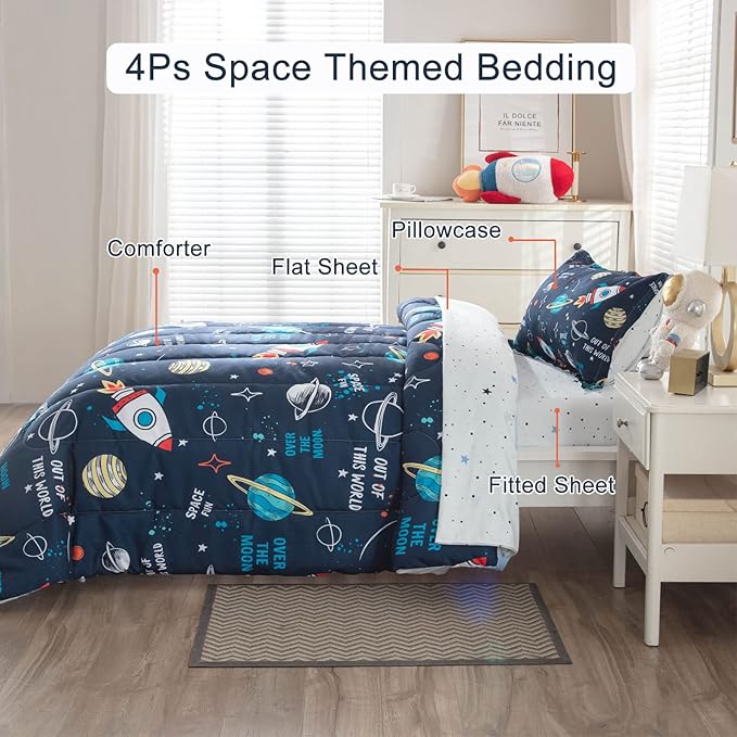 Planet Twin Comforter Set for Boys Girls 4-Piece Rocket Kids Bedding Sets Galaxy Space Stars Bedroom Decor - Include Reversible Comforter, Flat Sheet, Fitted Sheet and Pillowcase