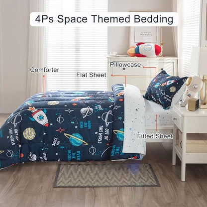 Planet Twin Comforter Set for Boys Girls 4-Piece Rocket Kids Bedding Sets Galaxy Space Stars Bedroom Decor - Include Reversible Comforter, Flat Sheet, Fitted Sheet and Pillowcase