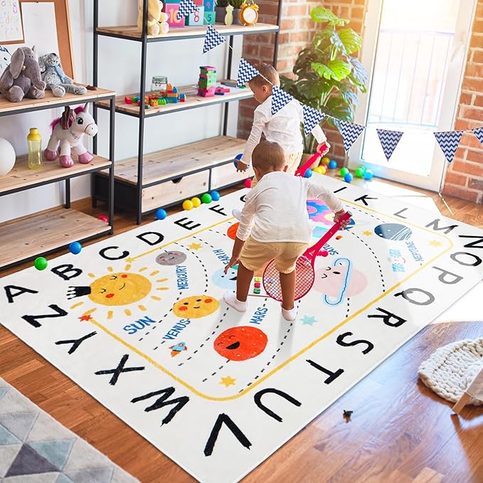 Soft ABC Kids Rug,59x39 in Washable Large Classroom Rug,Non-Slip Educational Nursery Rug,Solar System Kids Room Rug for Classroom Playroom Bedroom Kids Room Decor
