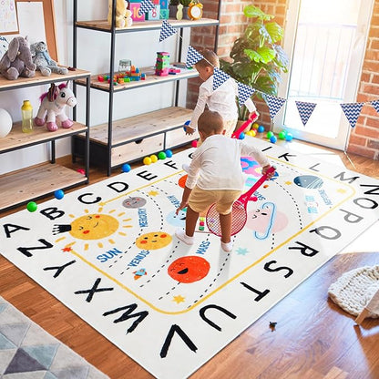 Soft ABC Kids Rug,59x39 in Washable Large Classroom Rug,Non-Slip Educational Nursery Rug,Solar System Kids Room Rug for Classroom Playroom Bedroom Kids Room Decor
