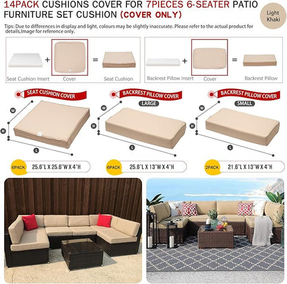 ClawsCover 14Pack Outdoor Patio Seat and Back Cushions Replacement Covers Fit for 7Pieces 6-Seater Wicker Rattan Sectional Couch Chair Furniture Set,Light Khaki-Include Cover Only (Large)