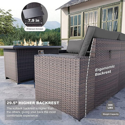 Kullavik 10PCS Outdoor Patio Furniture Set,PE Wicker Rattan Sectional Sofa Patio Conversation Sets with 43" 55000BTU Gas Propane Fire Pit Table,Swivel Rocking Chairs Set,Grey