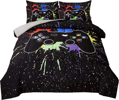 Gamer Comforter Sets Full Size for Boys Teen,Game Controller Colorful Comforter with 2 Pillowcases,Soft Microfiber Video Gaming 3 Piece Bedding Set for Game Lovers,All Season(Black,Full)
