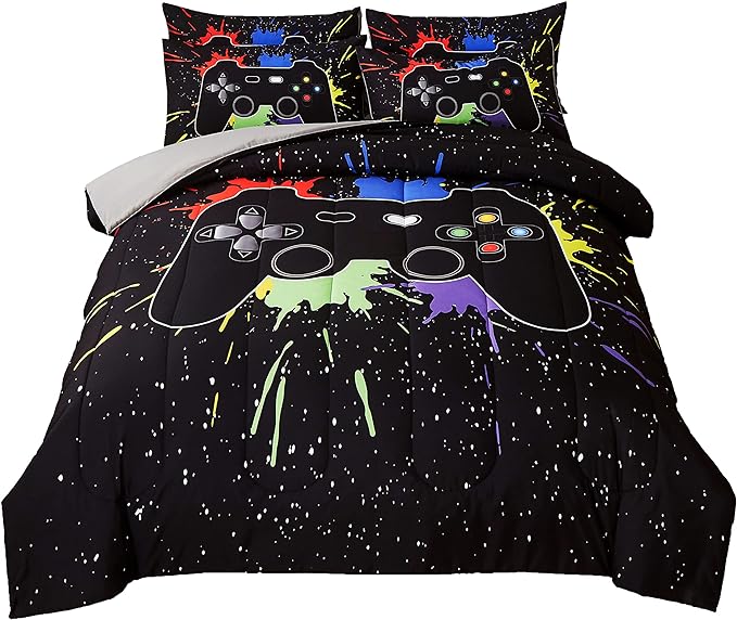 Gamer Comforter Sets Twin Size for Boys Teen,Game Controller Printed Colorful Comforter with Pillowcase, 2 Piece Video Gaming Bedding Set for Game Lovers,All Season(Black,Twin)