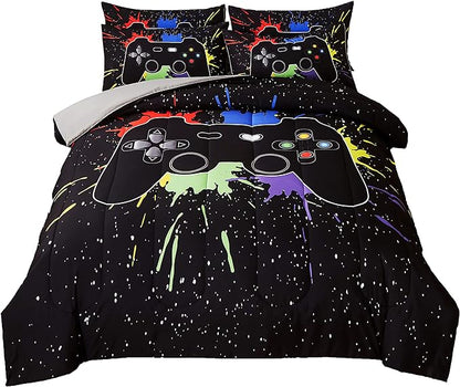 Gamer Comforter Sets Twin Size for Boys Teen,Game Controller Printed Colorful Comforter with Pillowcase, 2 Piece Video Gaming Bedding Set for Game Lovers,All Season(Black,Twin)