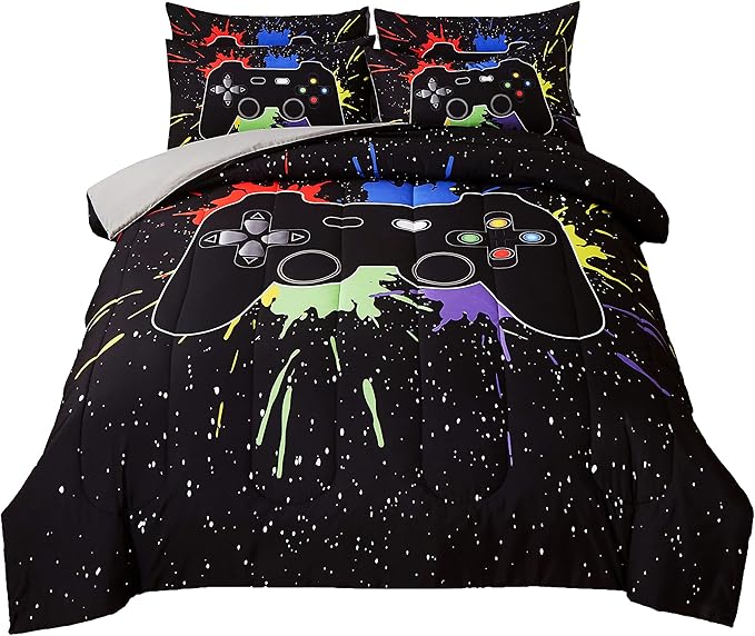 Gamer Comforter Sets Queen Size for Boys Teen,Game Controller Colorful Comforter with 2 Pillowcases, 3 Piece Video Gaming Bedding Set for Game Lovers,All Season(Black,Queen)
