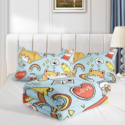 Datura home Kids Comforter Set Kawaii Dogs Bedding Set Cute Shiba Inu Corgi Printed Pattern Home Decor with 1 Comforter and 2 Pillowcases for Boys and Girls All Season(Blue Shiba Inu Full) 80x90''