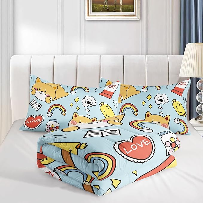 Datura home Kids Comforter Set Kawaii Dogs Bedding Cute Shiba Inu Corgi Printed Pattern Decor with 1 and 2 Pillowcases for Boys Girls All Season(Blue Inu), Twin 68x86inches