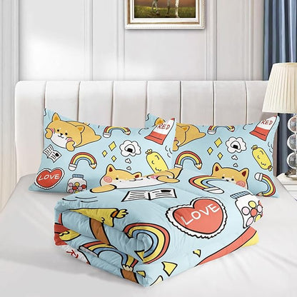 Datura home Kids Comforter Set Kawaii Dogs Bedding Cute Shiba Inu Corgi Printed Pattern Decor with 1 and 2 Pillowcases for Boys Girls All Season(Blue Inu), Twin 68x86inches