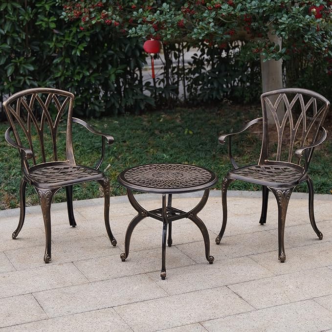 Jardin DE CENTENNAIL 3-Piece Outdoor Bistro Set Cast Aluminum Rust-Resistant Patio Furniture Armchairs Design (Copper)