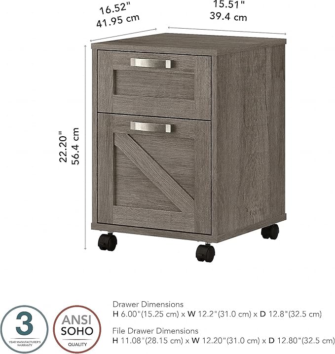 Bush Furniture Knoxville 2 Drawer Mobile File Cabinet, Rolling Document Storage for Home Office, Restored Gray