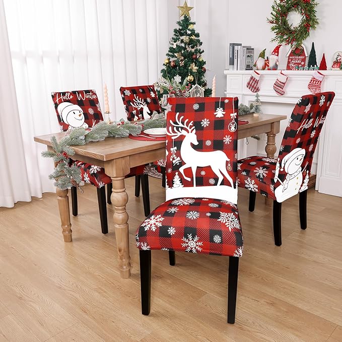 U'Artlines Christmas Chair Covers Set of 4, Removable Washable Merry Christmas Dining Chair Seat Covers Stretch Protector Slipcovers for Dining Room Kitchen Holiday Party Decor, Red Buffalo Plaid